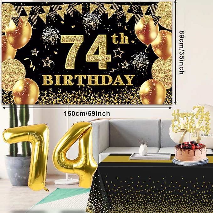 74th Birthday Decorations Men Women with 74th Birthday Banner, Black and Gold Table Cloth, Number Balloons, Large Sash, Cake Topper and Candles