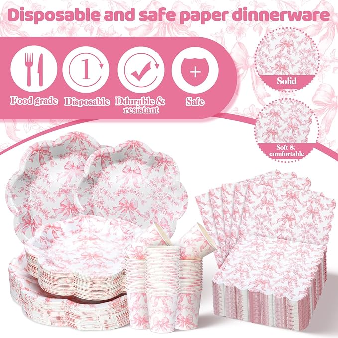 Newtay 250 Pcs Pink Bow Paper Plates and Napkins Coquette Valentine's Day Party Supplies Disposable Tableware Set for 50 Guests Pink Bow Paper Plates Napkins Cups for Baby Shower Birthday Decoration