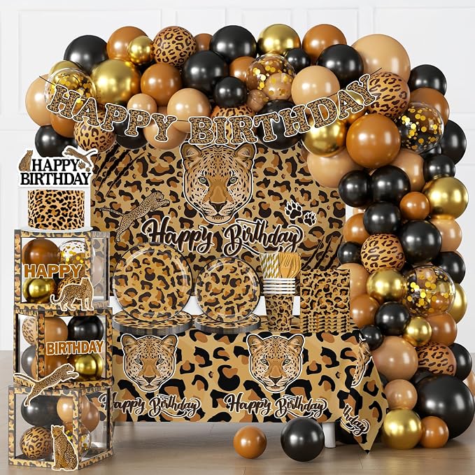 224 Pcs Cheetah Print Birthday Decorations,Cheetah Birthday Balloons Cake Plates and Napkins Set Decorations Leopard Print Backdrop Decorations for Party