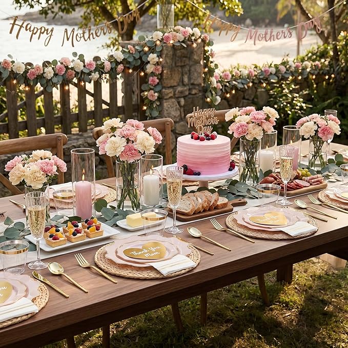 WDF 350Pcs Pink Plastic Plates - Pink and Gold Disposable Plates 50Guest Plastic Dinnerware for Baby Shower/Birthday/Wedding/Spring/Mother's Day