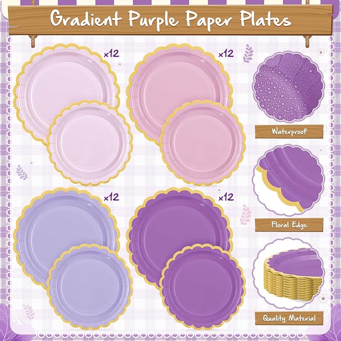 Mimorou 338 Pcs Purple Plates and Napkins Party Supplies for Guests Lavender Tableware Include Scalloped Plates Paper Napkin Cup Spoon Fork Knife for Baby Shower, Wedding, Birthday