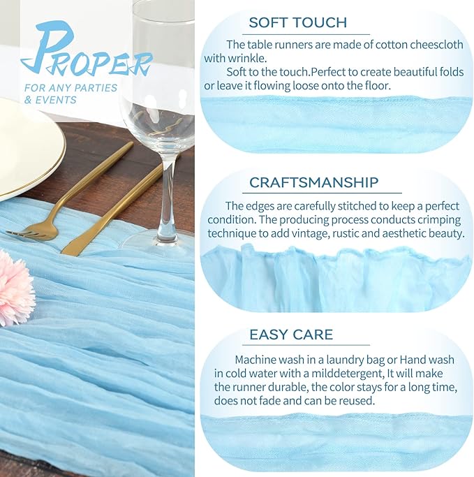 10 Packs Cheesecloth Table Runner Baby Blue, 35x120 inch Light Blue Rustic Gauze Boho Wedding Table Runner Decoration, Wedding Table Decor Table Cloth for Wedding Party Bridal Shower Table