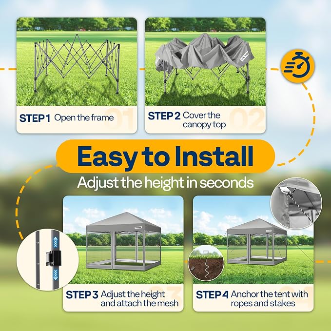 VIVOHOME 10x10ft Easy Pop-Up Canopy, Outdoor Screen Tent with Mosquito Netting, 2 Zipper Doors, and Roller Bag for Yard Camping Picnic Party Events, Grey