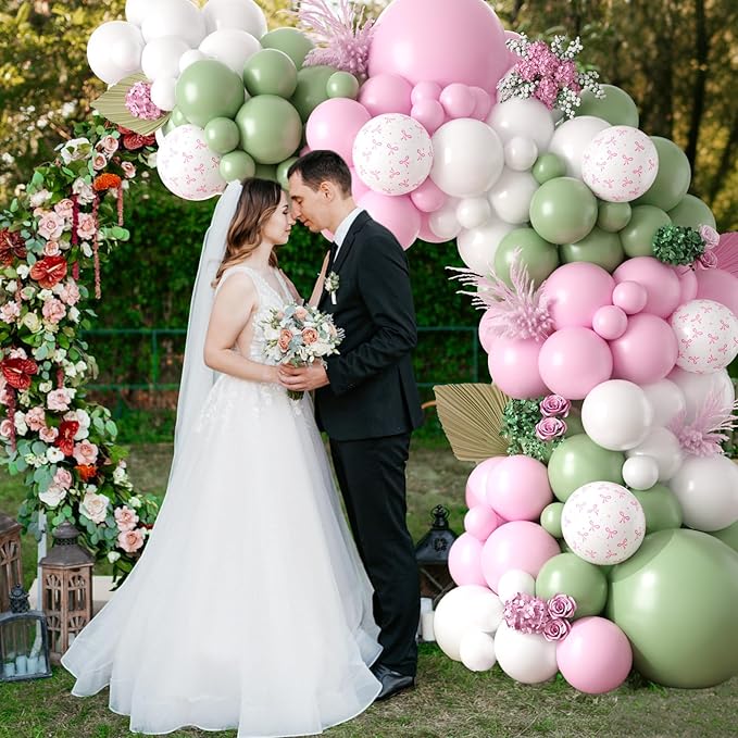 Sage Green Pink Balloons Garland, Green Pink Balloon Arch Kit with Bow White Latex Balloons for Baby Shower Birthday Bridal Wedding Party Decoration