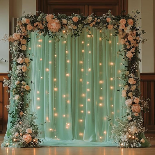 Fomcet Tulle Curtains with Lights String Green 10FT X 10FT Sheer Backdrop Curtains for Parties Wedding Baby Shower Photo Shoot Decorations (2 Panels 5x10FT)