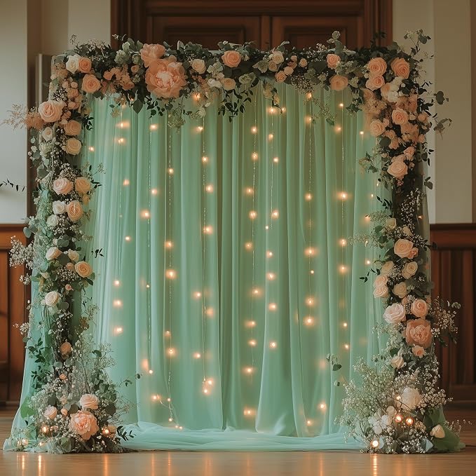 Fomcet Tulle Curtains with Lights String Green 10FT X 8FT Sheer Backdrop Curtains for Parties Wedding Baby Shower Photo Shoot Decorations (2 Panels 5x8FT)
