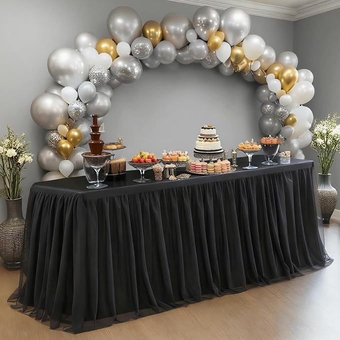 1-Pack Black 2-in-1 Tulle Tablecloth for 5-Foot Rectangular Table – Stretch Fitted Table Skirt & Cover for Baby Shower, Bridal, Birthday, Princess Party