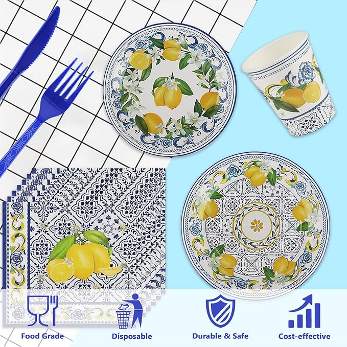 120 PCS Capri Lemon Supplies, Disposable Blue Tiles Lemon Plates Napkins Cups Knives Forks, Fruit Theme Party Tableware Set for Birthday Bachelorette Party Baby Shower Decor Supplies, Serves 20 Guests