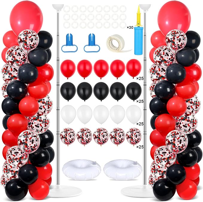 2 Sets Red and Black Balloon Column Stand Kit with 100 Balloons Adjustable Balloon Tower Stand with Bases for Floor Confetti Balloons Column Kit for Graduation Birthday Appreciation Party Decor