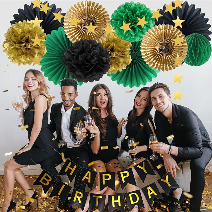 Green Black Gold Birthday Decorations with Happy Birthday Banner Hanging Paper Fans Pom Poms Gold Star Garlands for Men Women Green Black Birthday Decorations
