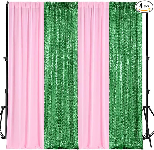 VitalCozy 4 Panels Backdrop Curtains 2 Pcs 4 x 10 ft Sequin Glitter 2 Pcs 7 x 10 ft Chiffon Photo Background Curtains for Graduation Wedding Birthday Party Decorations(Pink, Green)