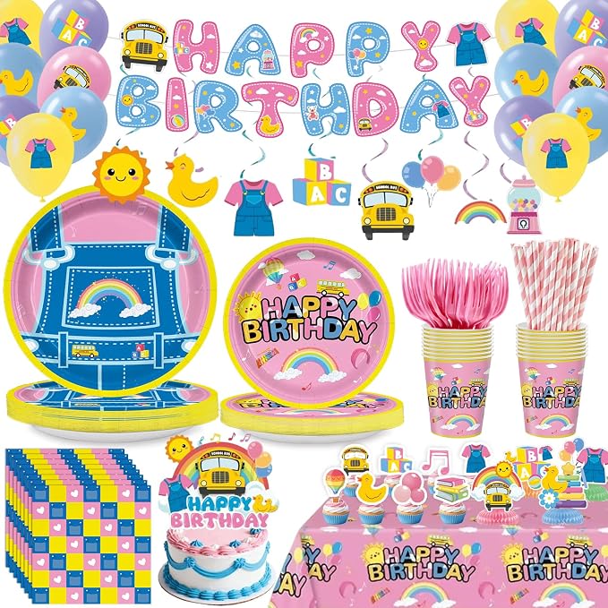 197pcs English Teacher Party Supplies, Cartoon Teacher Themed birthday party decorations with Tableware, Cake Decorations & Hanging Accessories, Serves 24 Guests