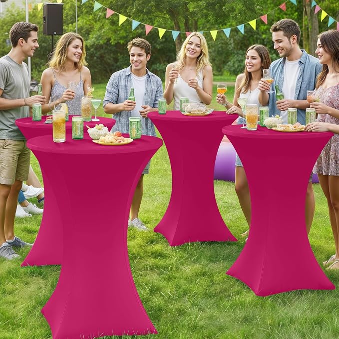 Moosfor Spandex Cocktail Table Covers 4 Pack, Elastic Fitted Stretch Table Cloth, Round High Top Tablecloths for Bar, Party, Pub, Wedding & Banquet (Fuchsia, 32x43 Inch)