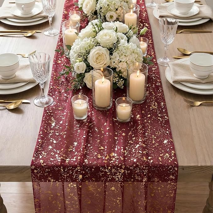 Artoid Mode 10Pcs Burgundy Gauze Gold Table Runner 10FT, Glitter Metallic Foil Sheer Dining Wedding Anniversary Holiday Table Decor for Home Party
