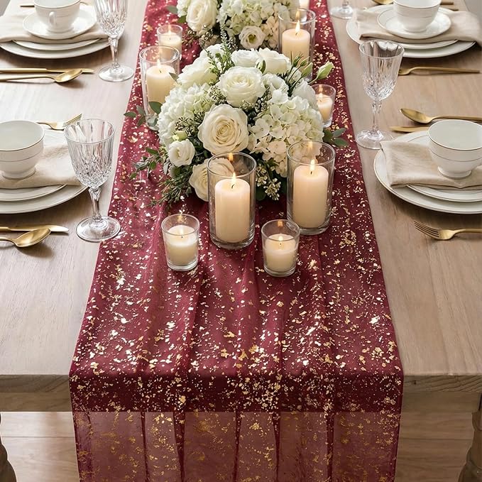 Artoid Mode 3PC Burgundy Gold Gauze Table Runner 120 Inch 10FT, Glitter Metallic Foil Sheer Dining Wedding Anniversary Holiday Birthday Table Decor for Home Party