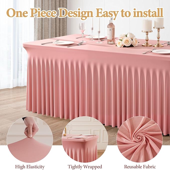 2 Packs Dusty Rose Spandex Table Cloths 6 Foot, Fitted Stretch Table Cover with Skirts 30x72 Inch, Wrinkle-Free Floor Length Tablecloths Rectangular for Weddings Parties Banquets Events Decorations