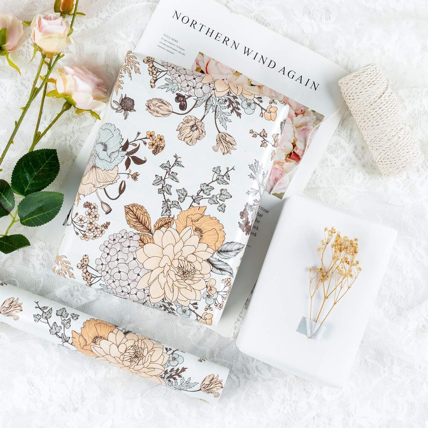 WRAPAHOLIC 30 Inch Jumbo Floral Wrapping Paper - 30 Inch X 33 Feet - Vintage Floral Printed on White Pearlized Paper Design for Wedding, Birthday, Mother's Day