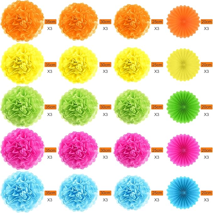 Janinka Color Hanging Decorations- Tissue Paper Pom Poms and Fans Ceiling Decorations Paper Flowers for Birthday, Baby Shower, Bachelorette Bridal Wedding Supplies
