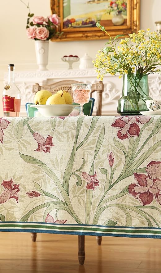 patdrea Designer Linen Green Rectangle Tablecloth,Framhouse Violets Pattern Floral Extra Long Tablecloths,Table Cover Decor for Kitchen Dining Christmas,Thanksgiving,Tea Party,63"x110"-Tara a