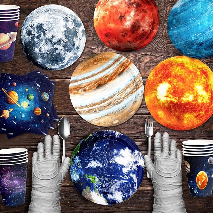 120Pcs Space Theme Party Decorations Outer Space Birthday Party Supplies Galaxy Planet Outer Space Disposable Plates Napkins for Kids Space Solar System Planets Birthday Party Decorations 30 Guests