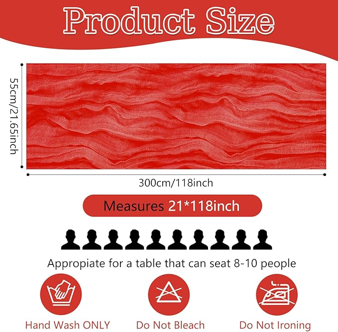 10 Pack Red Cheesecloth Table Runner 10FT Boho Gauze Fabric Cheese Cloth Table Runners for Wedding ,Party,Baby Shower, Bridal Party, Rustic Farmhouse and Table Decorations