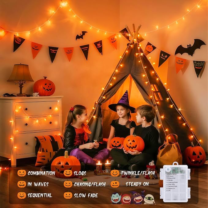 JMEXSUSS 33FT 100 LED Orange Lights for Halloween, Battery Operated Halloween Lights Outdoor Indoor, 8 Modes Remote String Lights for Yard Tree Front Porch Room House Fence Xmas Decor