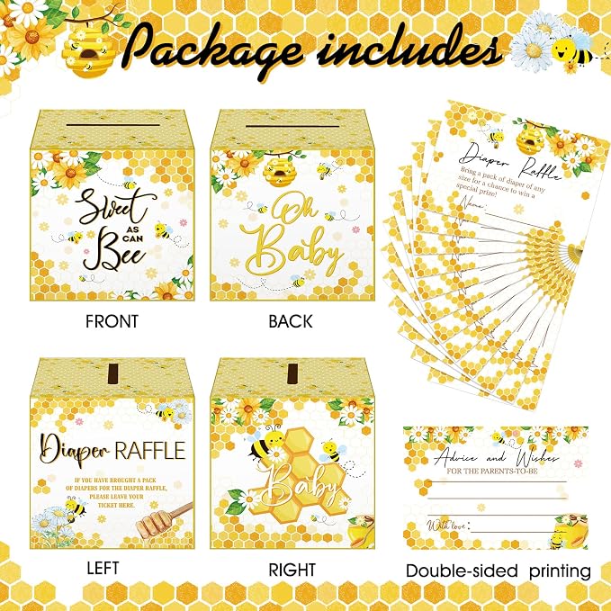 Teling 51 Pieces Diaper Raffle Tickets with Card Box Baby Shower Decorations Baby Shower Holder Box for Girl Boy Diaper Raffle Party(Bee)