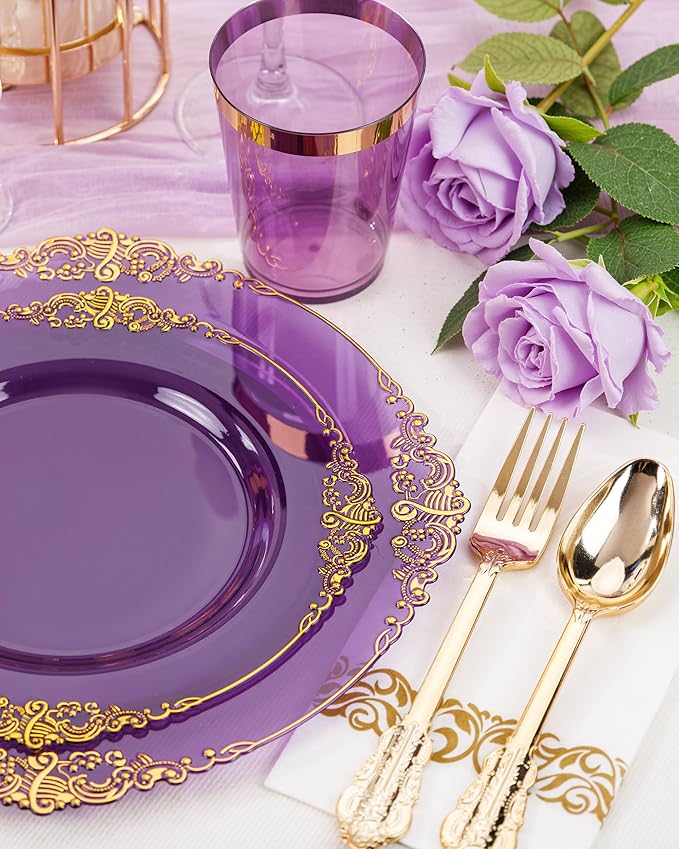 Nervure 175PCS Clear Purple Plastic Plates - Purple Party Plates Set for 25 Guests Include 25Dinner Plate, 25Dessert Plate, 25Cups, 75 Cutlery, 25Napkins Perfect for Wedding, Party & Bridal