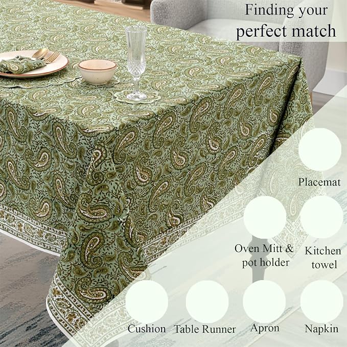 Ridhi Block Print Nostalgic Naturals Rectangle Cotton Tablecloth 120" x 60" Reusable Table Cover Decorative Everyday Use for Dining, Farmhouse, Home Gift for Spring, Easter, Summer