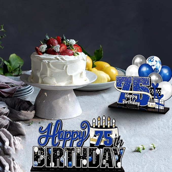 LINGTEER Happy 75th Birthday Blue Acrylic Table Topper Centerpieces Set - Cheers to 75 Years Old Birthday 75th Bday Party Gift Decorations.