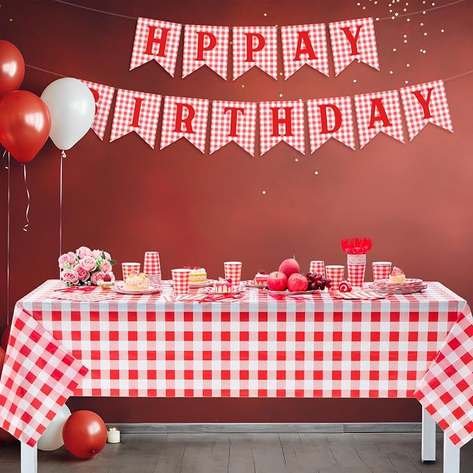LemonRoad 128 Pcs Red and White Picnic Birthday Party Decoration for 25 Guests, Gingham Checkered Red Birthday Paper Plates Napkins Cups Tablecloth Forks Banner for Pizza BBQ Birthdays Party Supplies