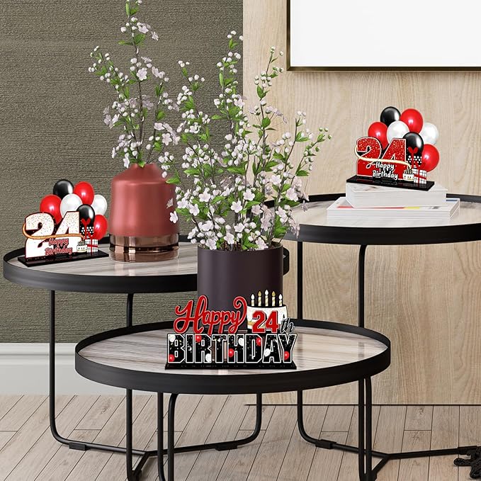LINGTEER Happy 24th Birthday Red Acrylic Table Topper Centerpieces Set - Cheers to 24 Years Old Birthday 24th Bday Party Gift Decorations.