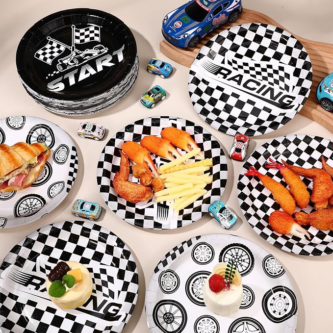 Funnymoom 60 Pcs Race Car Birthday Party Decorations 9 Inch Checkered Flag Disposable Paper Plates Racing Themed Dessert Dinnerware for Birthday Baby Shower Home Party Supplies, 4 Style
