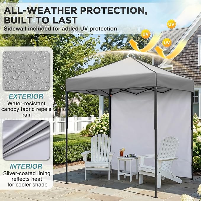 EAGLE PEAK 6x4 Instant Pop Up Canopy Tent with 1 Side Wall Panel, Straight Leg Sun Shelter, Portable Canopy with Carry Bag for Camping, Beach & Sports, Gray