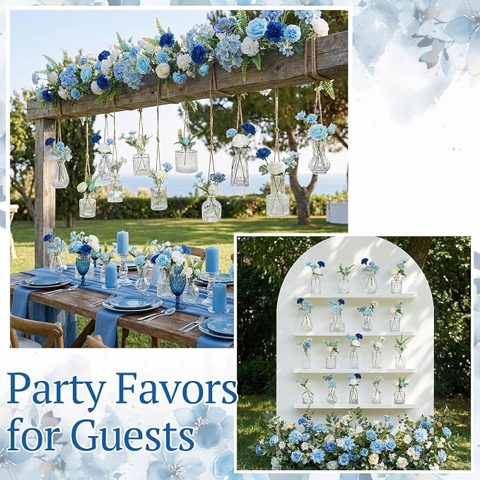 36 Pcs Artificial Flowers Table Centerpiece with Vases Colorful Wildflower Centerpieces Silk Flower Arrangement for Wedding Baby Shower Table Centerpieces Party(Blue Series,Clear)