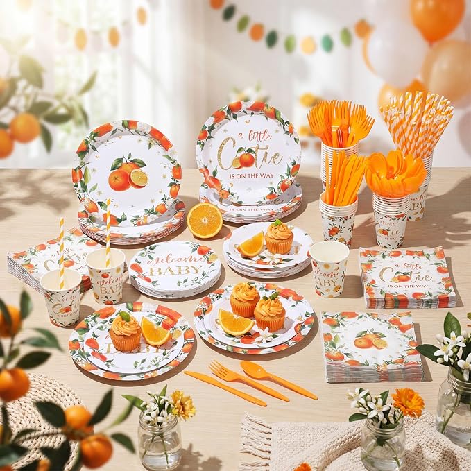 450 Pcs Little Cutie Baby Shower Tableware Set Decorations A Little Cutie is on the Way Paper Plates Disposable Napkins Cups Cutlery Straws for Orange Fruit Birthday Party Supplies, Serves 50