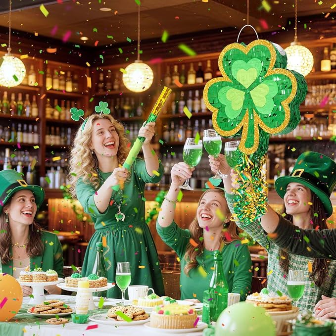 WERNNSAI Shamrock Piñata - Green Shamrock Decor Piñata with Bat & Blindfold, Party Game Supply with Shamrock Pattern (16" × 13.5" × 3")