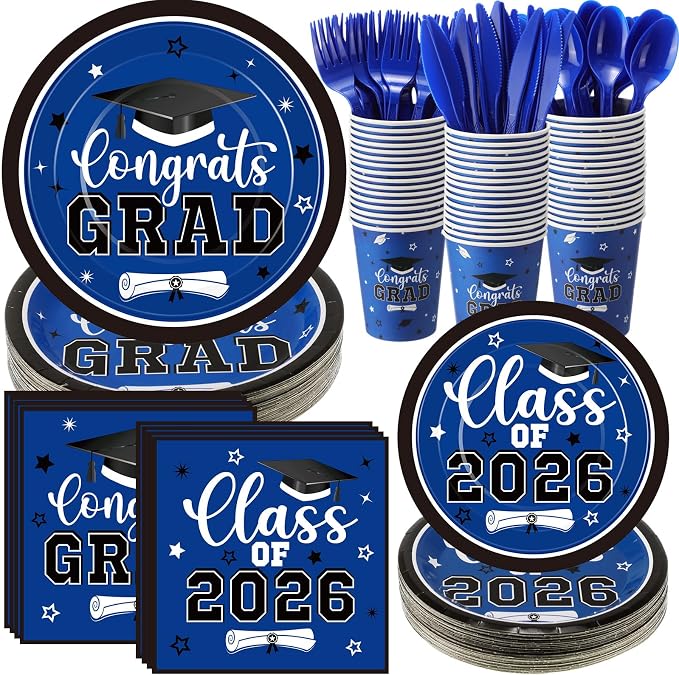 Funnymoom 400 Pcs Graduation Party Supplies Class of 2026 Graduation Paper Plate Napkin Cup Cutlery Congrats Grad Disposable Tableware Set for Grad Party Decorations, Serve 50 (Blue, White)