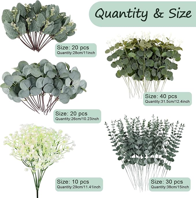 Consevisen 120 Pcs Eucalyptus Stems Artificial Flowers, 5 Kinds Mixed Faux Eucalyptus Leaves Greenery Stems Bulk for Wedding Bouquet, Table Centerpieces, Vase Floral Arrangements, Farmhouse Home Decor