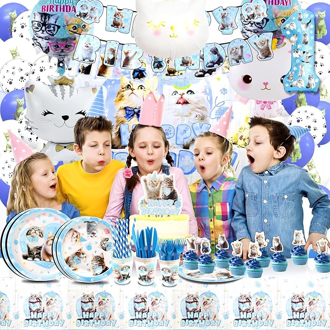 142Pcs Cat Birthday Decorations,Cat 1st Birthday Party Supplies, Cat Birthday Party Decorations Include Plates Cups Napkins Tablecloth Balloons Cake Toppers for 10 Guests