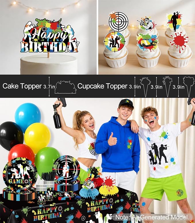 Paintball Birthday Party Decorations for 25 Guests, 219PCS All-in-One Colorful Paint Splash Shooting Game Theme Party Supplies Set with Plates, Balloons, Banner, Cake Topper, and Tablecloths