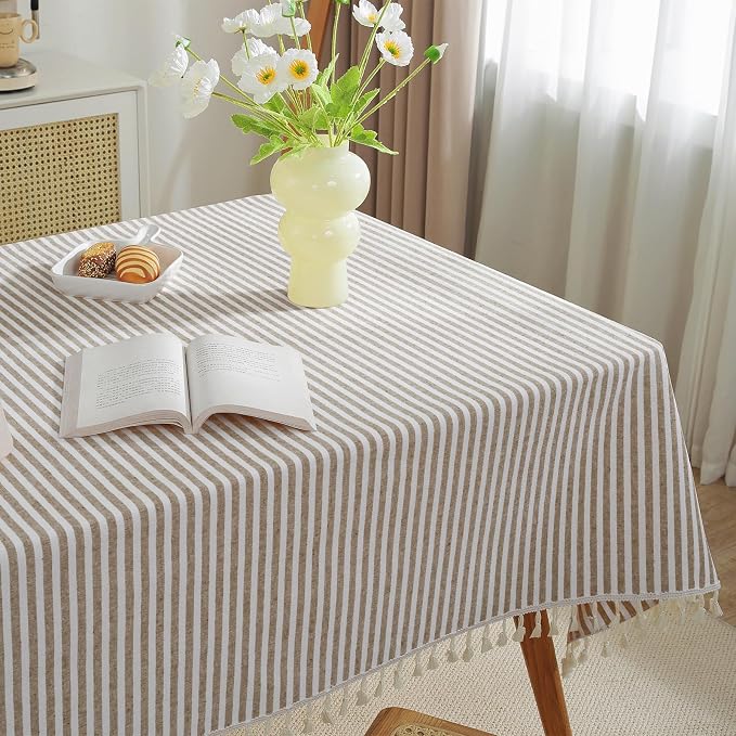 meioro Tablecloth Striped Fringe Table Cloth Rectangular Tablecloths Cotton Blend Table Cover for Dining Coffee Buffet Kitchen Picnic Tables, Parties Holiday Wedding Use(55x102 Inch, Coffee Brown)