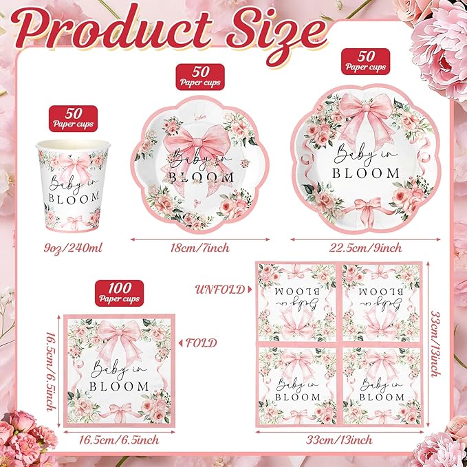 Newtay 250 Pcs Baby in Bloom Baby Shower Party Decorations Pink Bow Flower Disposable Plates and Napkins Birthday Tableware for 50 Guests Paper Plates Napkins Cups for Party Supplies