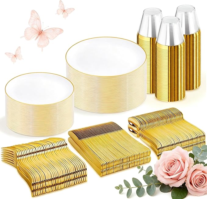WDF 150Pcs White and Gold Plastic Plates - Gold Plates Disposable - 50 Guest Disposable Dinnerware Include 50 Dinner Plate, 50 Dessert Plate, 50 Cutlery & 50 9oz Cups for Wedding/Spring/Mothers Day