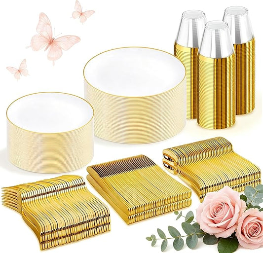 WDF 150Pcs White and Gold Plastic Plates - Gold Plates Disposable - 50 Guest Disposable Dinnerware Include 50 Dinner Plate, 50 Dessert Plate, 50 Cutlery & 50 9oz Cups for Wedding/Spring/Mothers Day