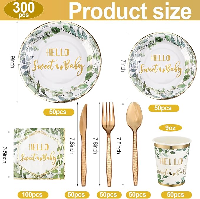 400 Pcs Baby Gender Reveal Plates and Cups and Napkins Sets with Forks Spoon Party Supplies Baby Shower Paper Tableware Gender Reveal Decorations Disposable Cutlery, Serves 50(Green White,Hello Sweet)