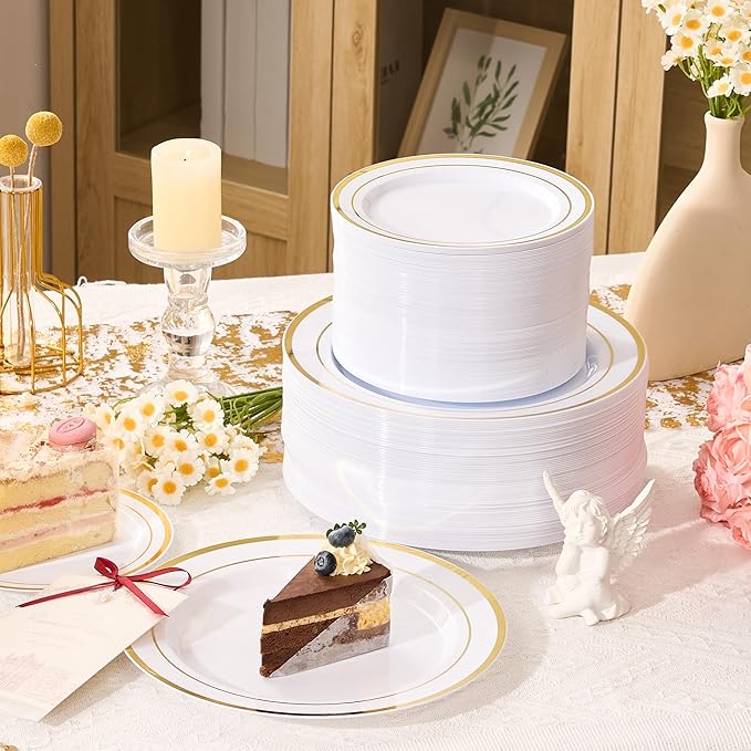 Fijinhom 200PCS Gold Plastic Plates, Disposable Plates with 100PCS 10" Dinner Plates & 100PCS 7" Dessert Plates for 100 Guests, Plastic Party Plates for Wedding, Birthday, Gold