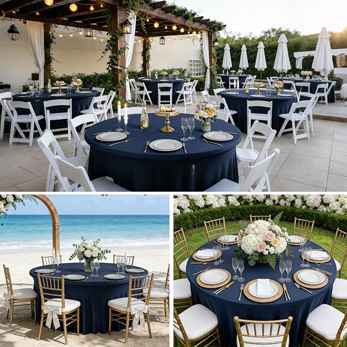 10 Pack Navy Blue Spandex Round Tablecloths for 60inch Tables, 120 Inch Stretchy 5ft Round Fitted Tablecloth Washable Table Cloths Table Covers with Skirt for Wedding Party Birthday Banquet