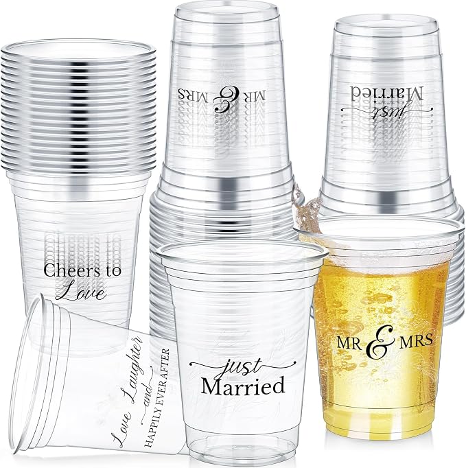 Jingmore 50 Pcs Wedding Plastic Cup 12 oz Wedding Disposable Cups for Reception Thick Clear Cup Happily Ever After Mr and Mrs Just Married Cups for Bridal Shower Decorations (White Floral)