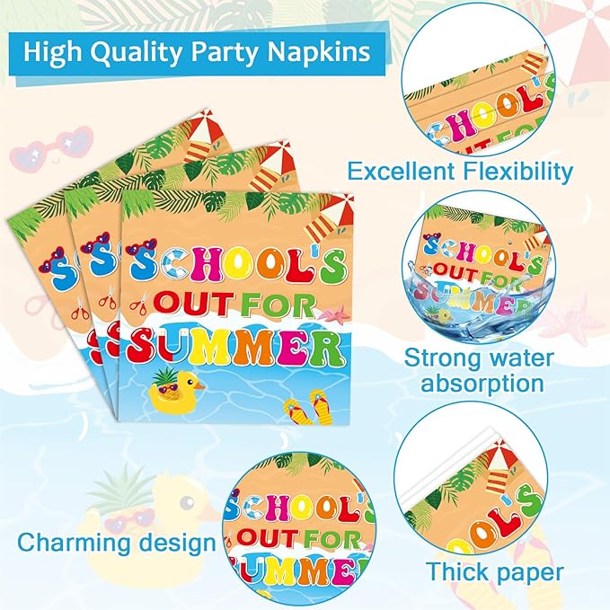 96 Pcs Happy Last Day of School Paper Party Plates and Napkins for Hello Summer Vacation Supplies Summer End of School Year Theme Dessert Tableware Set for 24 Guests Birthday Party Decorations
